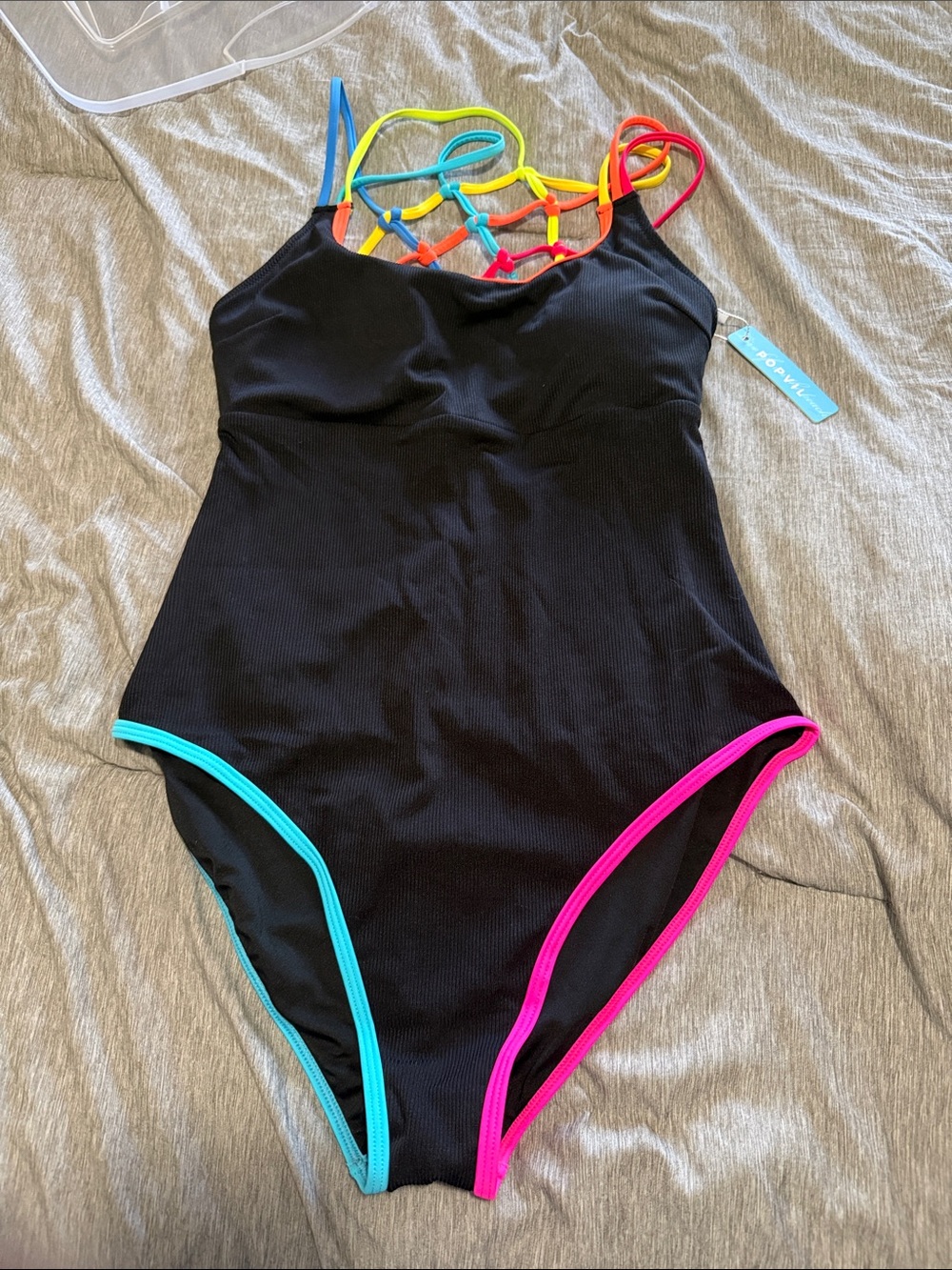 Women’s Black One-Piece Swimsuit with Rainbow Strappy Back -